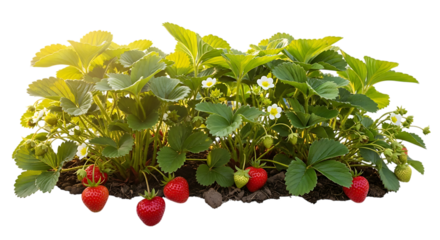 Ripe red strawberries and green leaves, on a strawberry plant with white flowers, cutout, PNG isolated on white or transparent background