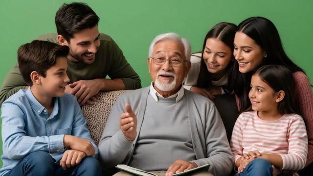 An asian senior man reading a book with his diverse family, three kids and two women, on green screen chroma key footage