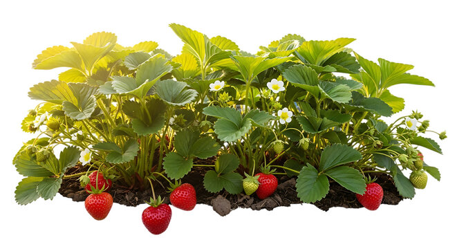 Ripe red strawberries and green leaves, on a strawberry plant with white flowers, cutout, PNG isolated on white or transparent background