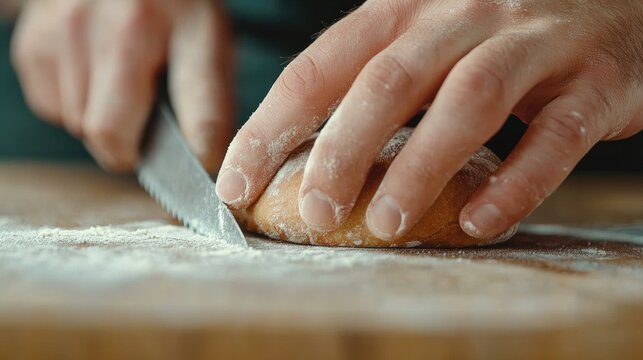 Crafting the perfect slice of fresh bread with skilled hands and sharp knives on a rustic wooden table