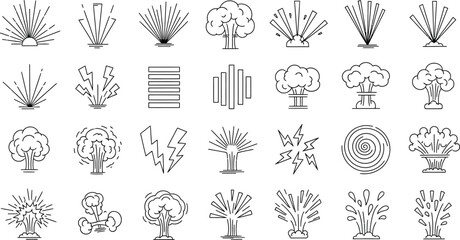 Naklejka premium Set of Explosion Outline Icons, Fireballs, Radioactive Cloud in a Transparent Background