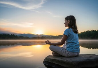 Peaceful morning meditation of a young girl by a calm mountain lake