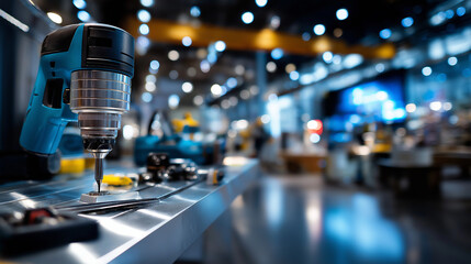 Defocused close-up of power tools in a digital construction equipment store, bokeh light reflections creating a clean high-tech mood, with copy space.
