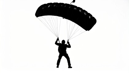 black silhouette vector of a man parachuting, white background