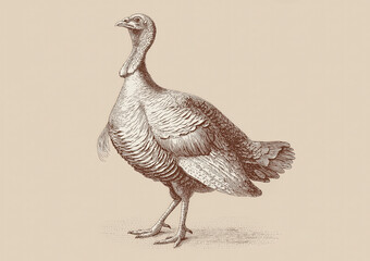 Turkey, sketch. Vintage retro print, turkey sketch ink pencil style drawing, linear drawing for Thanksgiving Day, engrave old school. Sketch artwork silhouette turkey. Side view profile. Illustration