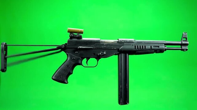 A black submachine gun with a wire stock and a vertical grip on a green screen backdrop image view