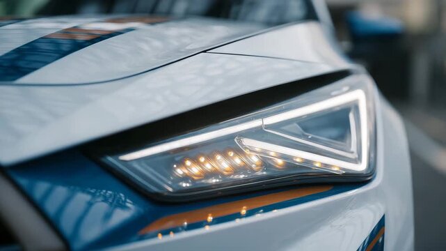 Detailed macro of an automotive headlight, bright white projector beams with orange accent lights, reflections of surrounding surfaces creating realistic depth