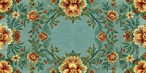 Vintage floral frame adorned with detailed blooms and lush greenery encircling soft toned background offering refined aesthetic ideal for classic and botanical themed creations