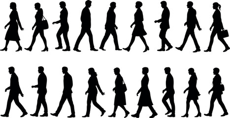 Professional women silhouettes collection, walking business women diverse poses, corporate professionals movement, vector isolated white background