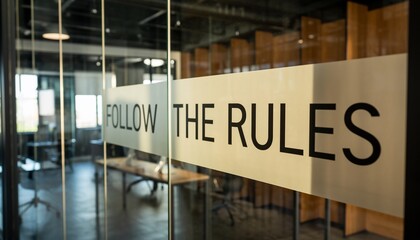 Follow the Rules Sign on Office Glass Door with Blur Background