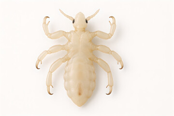 Photorealistic 3D anatomy of Pediculus humanus capitis (head louse), dorsal view, six segmented legs with single large tarsal claw opposing tibial thumb, elongated abdomen with visible spiracles