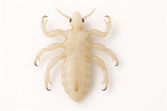 Photorealistic 3D anatomy of Pediculus humanus capitis (head louse), dorsal view, six segmented legs with single large tarsal claw opposing tibial thumb, elongated abdomen with visible spiracles