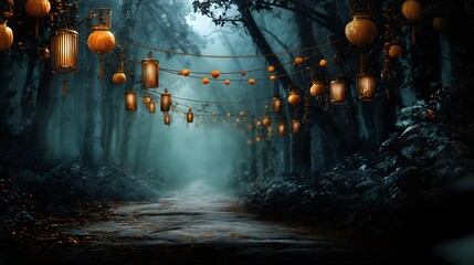 Misty forest path with lanterns