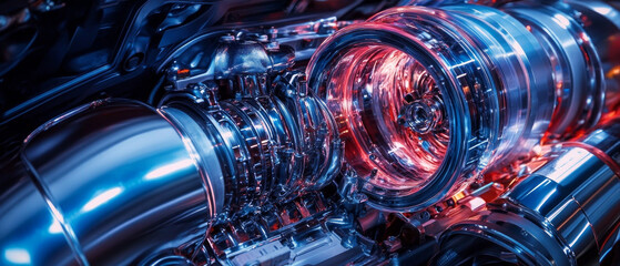 A powerful engine with lighting, symbolising technological progress, is suitable as a striking backdrop for advertising automotive innovations and engineering achievements.