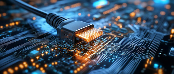 A modern USB connector on a microchip with backlighting will emphasise technological sophistication and serve as the main backdrop for presentations on digital innovations and electronics.