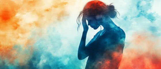 The silhouette of a pensive girl against an atmospheric backdrop of colourful clouds will emphasise the emotional intensity of social campaigns about mental health.