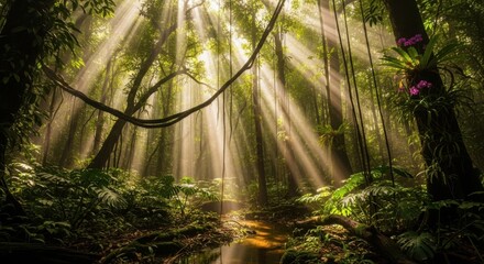 Mystical Jungle Forest with Sun Rays Beaming Through Canopy and Lush Greenery