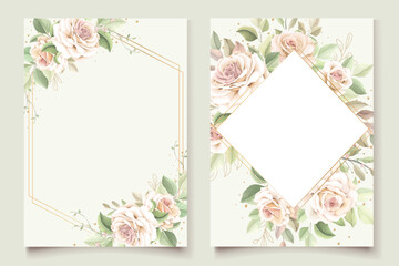 Elegant Rose Flower Frame Invitation Card Design with Gold Geometric Border for Greetings and Celebrations Vector Illustration Template Exactly Two Hundred Characters