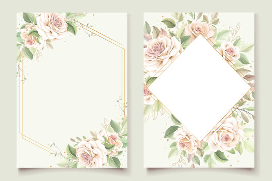 Elegant Rose Flower Frame Invitation Card Design with Gold Geometric Border for Greetings and Celebrations Vector Illustration Template Exactly Two Hundred Characters