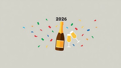 2026 New Year celebration champagne bottle and glasses confetti