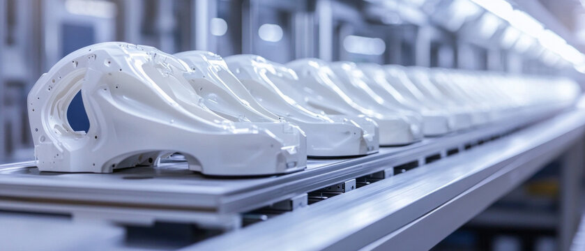 A conveyor belt with white plastic parts in a factory demonstrates production automation, which is appropriate as a backdrop for presentations on industrial innovation or technology.