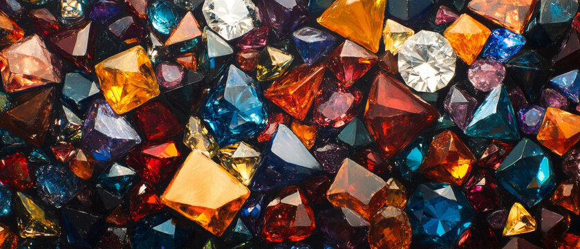 Shiny multicoloured crystals and precious stones shimmer against a dark background, making it ideal as a backdrop for jewellery catalogues and designer presentations.