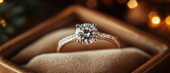 A sparkling diamond ring in luxurious packaging symbolises celebration and love — the perfect backdrop for jewellery advertising campaigns and wedding proposals.