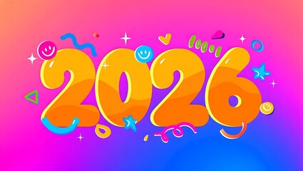 Cheerful 2026 numbers with smiley faces and confetti
