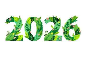 Green leaves and pink flowers form the year 2026 numbers