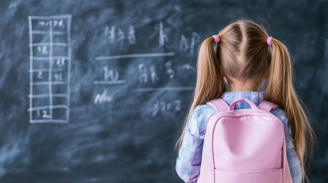 School girl with long brown hair in pigtails studies math equations at blackboard in classroom setting