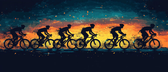The silhouettes of cyclists against the backdrop of the sunset, conveying dynamism and freedom, will make an excellent background for motivational posters or sporting events.