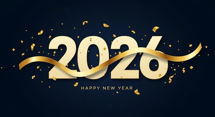 Happy New Year 2026 greeting with gold ribbon and confetti