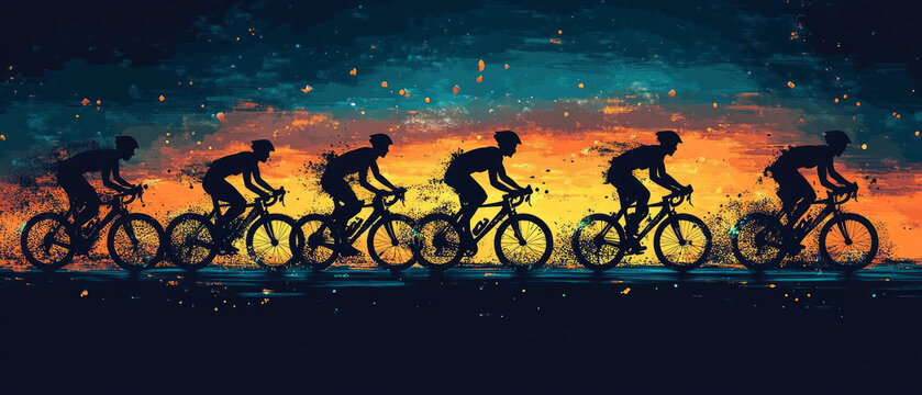The silhouettes of cyclists against the backdrop of the sunset, conveying dynamism and freedom, will make an excellent background for motivational posters or sporting events.