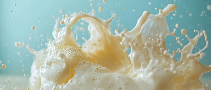 Splashes of foamy drink against a light background convey freshness and dynamism, emphasising the energy of a summer day — an excellent background for promotional materials for soft drinks  