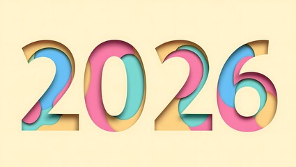 Year 2026 layered paper cut numbers pastel colors new year