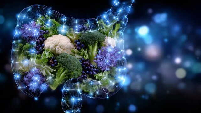 Futuristic nutrition concept with vegetables integrated into a glowing digestive system graphic, symbolizing enhanced bowel health and gut movement
