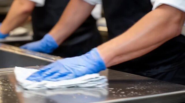 Gloved hand in action cleaning commercial stainless steel prep area, soft reflections and highlights emphasizing hygienic environment in a professional kitchen