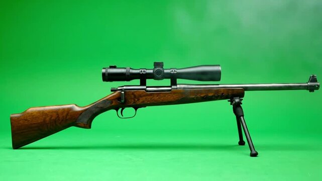 Rifle with wooden stock and bipod on green background for target practice and hunting games use