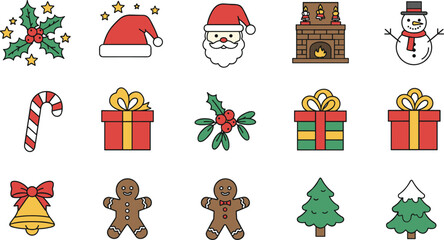 Colorful Christmas holiday icon set featuring Santa, gifts, holly, snowman, candy cane, fireplace, bells, gingerbread, and festive decorations