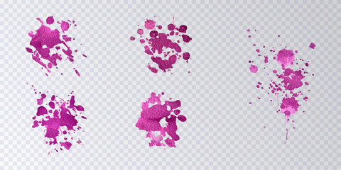 Collection of paint splats isolated on transparent background. Set of pink  decorative splashes. Art decorations. Paint spots. Watercolour splashes.Design elements. Vector illustration.
