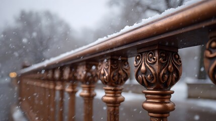 An ornate bronze railing is dusted with fresh snow during a quiet winter snowfall
