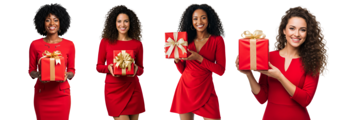 Diverse of young women holding gift boxes isolated on white or transparent background
