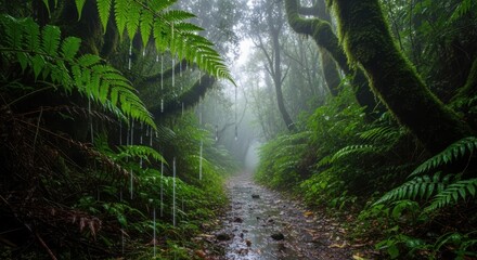 Mystical Rainforest Path with Ferns and Raindrops Creating a Serene and Lush Scene