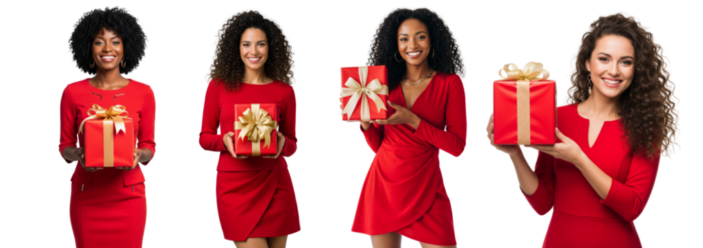 Diverse of young women holding gift boxes isolated on white or transparent background