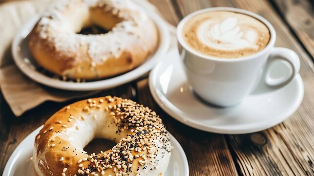 A close-up of a bagel and coffee set on a wooden table