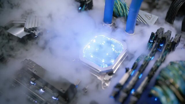 GPU close-up inside a liquid-cooled system, water blocks glowing with deep cyan light, misty vapor atmosphere