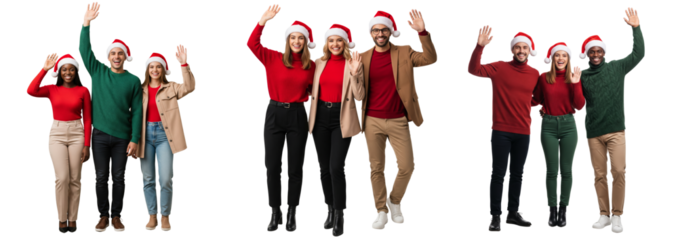 Group of young people standing together in winter outfit waving hands isolated on white or transparent background