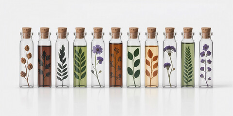 Collection of small glass vials with dried flowers and herbs inside