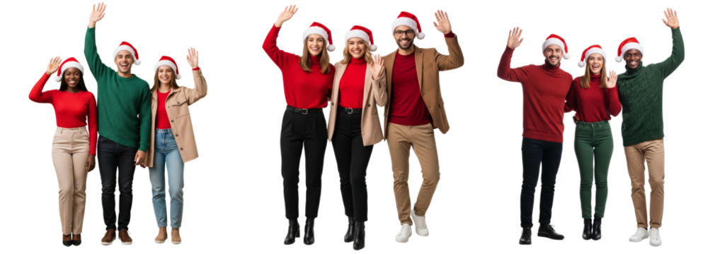 Group of young people standing together in winter outfit waving hands isolated on white or transparent background