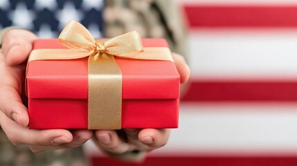 Obraz premium Hope and giving during the holiday season captured with an American soldier presenting a festive gift in front of the flag